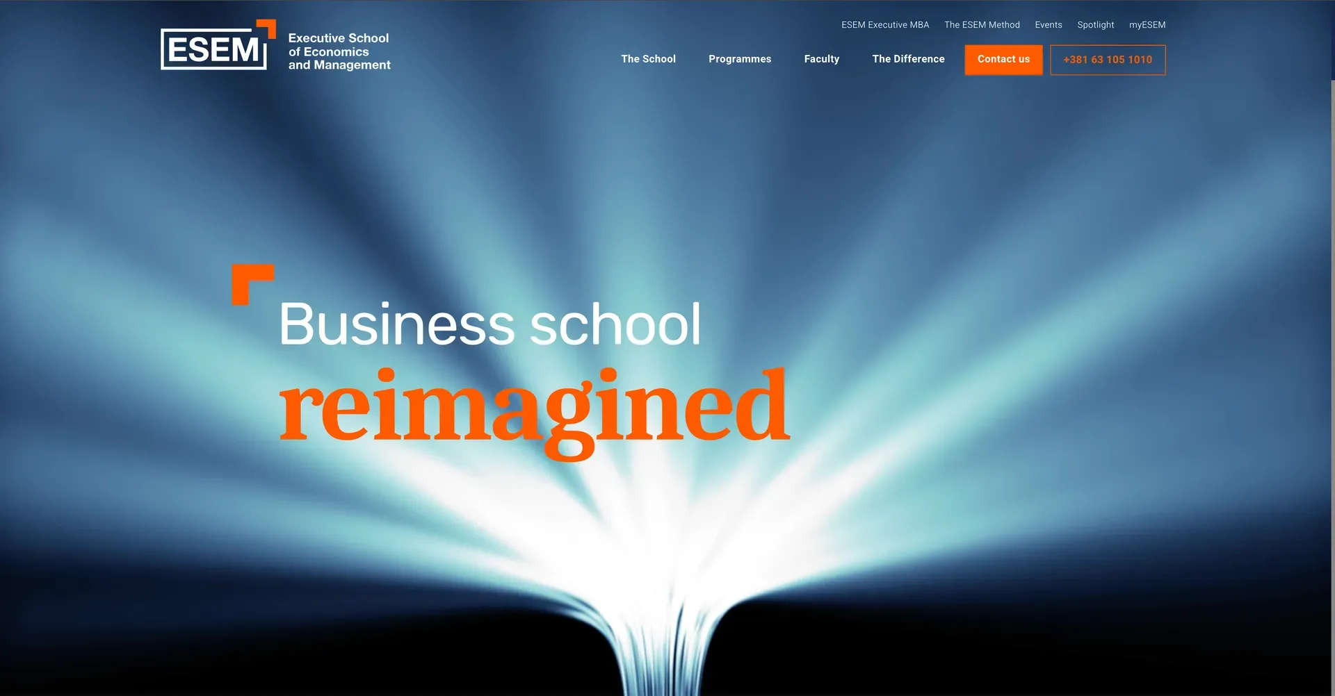 ESEM Business School website with modern dark interface