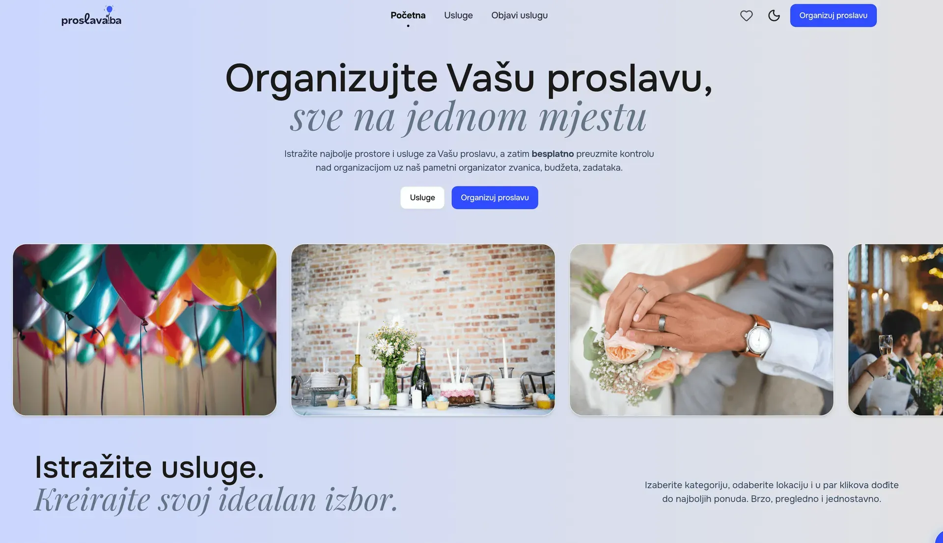 Proslava event planning platform interface